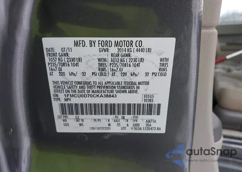 2012 Ford Escape Xlt z USA, uszkodzony, nr VIN 1FMCU0D70CKA38843